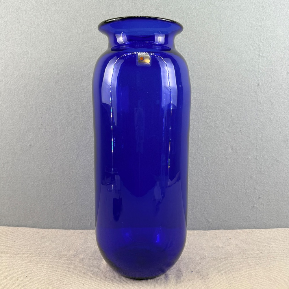 VTG Blenko 8137s Cobalt Blue Glass Cylinder Vase 15" MCM Sticker